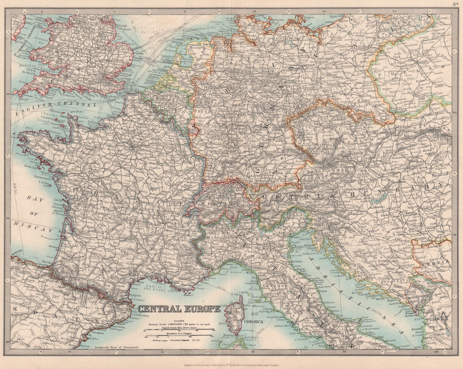 CENTRAL EUROPE. France w/o Alsace Lorraine. Austria-Hungary . JOHNSTON 1912 map